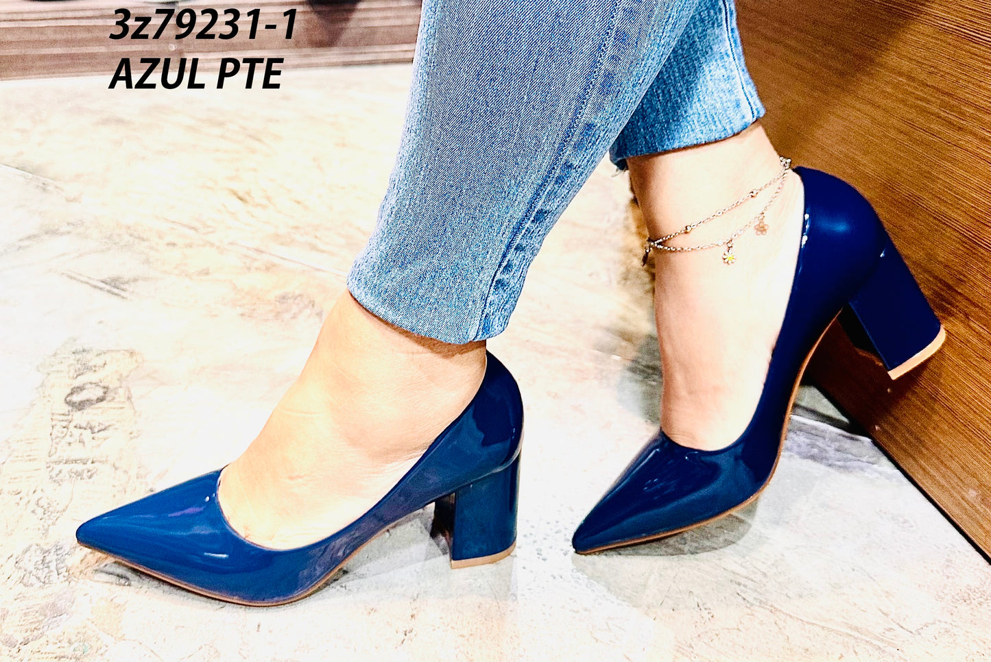 Tacon Grueso Zapato Para Dama Inglese Valeria Azul Patente 3Z79231-1