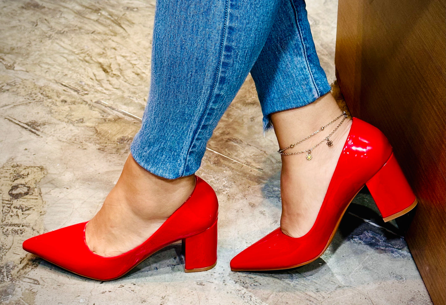 Tacon Grueso Zapato Para Dama Inglese Valeria Rojo Patente 3Z79231-1