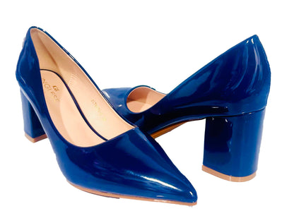 Tacon Grueso Zapato Para Dama Inglese Valeria Azul Patente 3Z79231-1