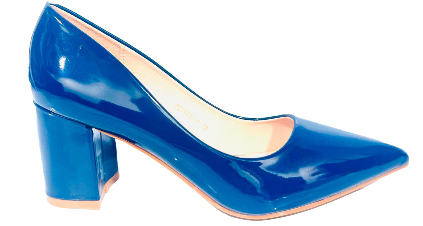 Tacon Grueso Zapato Para Dama Inglese Valeria Azul Patente 3Z79231-1